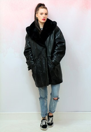 1980S VINTAGE REAL LEATHER HOODED COAT WITH FAUX FUR COLLAR