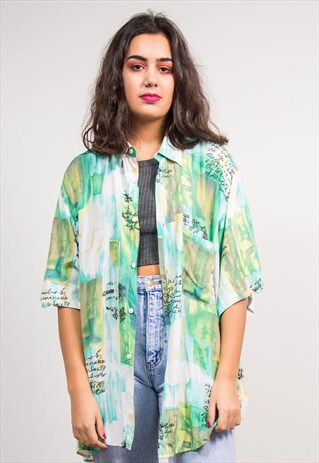 VINTAGE 90'S GREEN CRAZY PATTERNED SHORT SLEEVE SHIRT