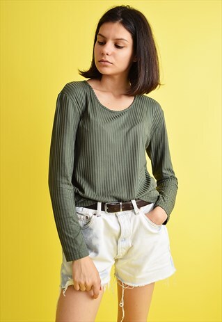 90'S RETRO MINIMALIST STRIPED KHAKI SHIMMER LYCRA BLOUSE