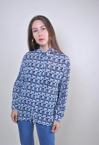 80S ABSTRACT PRINT BLUE LONG SLEEVE BLOUSE