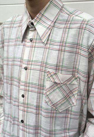 MENS VINTAGE 70S SHIRT CHECKED POINTY COLLAR LONG SLEEVE TOP