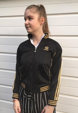 WOMENS ADIDAS SHINY LEATHER LOOK BLACK GOLD ZIP UP JACKET