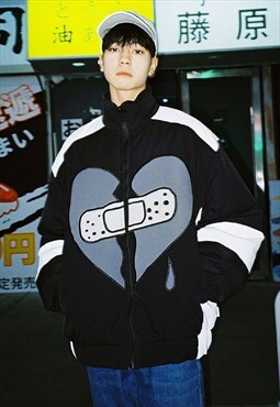 Heart patch bomber jacket futuristic love varsity coat black