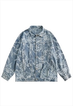 Distressed denim jacket embroidered jean varsity bomber blue