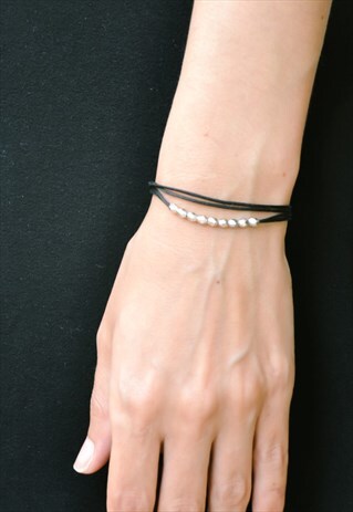 SILVER BEADS WRAPPED BRACELET WITH BLACK CORD, GIFT FOR HER