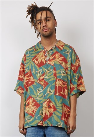 VINTAGE 80'S MARTINI PRINT HAWAIIAN SILK SHIRT