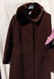 VINTAGE 70S LONG BROWN WOVEN WOOL COAT WITH SHEEPSKIN COLLAR