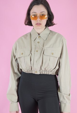 VINTAGE REWORKED CROP ARMY SHIRT IN BEIGE
