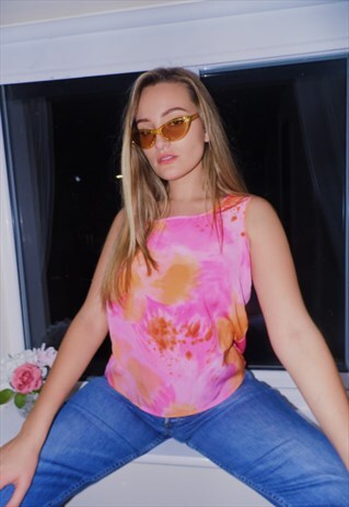 Y2K 00S TOP PINK ORANGE FLOWER PRINT ABSTRACT VIBRANT BRIGHT
