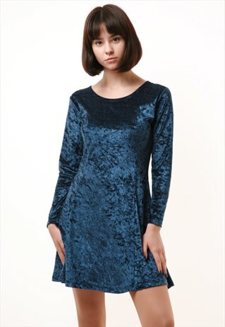 80S VINTAGE VELOUR MINI SEXY BLUE DRESS 983