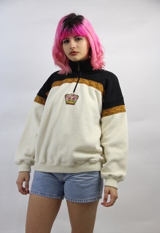 VINTAGE 90S CREAM PATTERNED FLEECE HALF-ZIP JUMPER