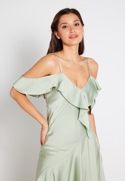 Vienna Frill Cold Shoulder Satin Midi Dress - Sage Green