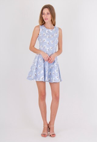 BLUE CREW NECK SLEEVELESS FLORAL PRINT MINI SKATER DRESS
