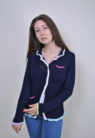 90S BLUE CARDIGAN, VINTAGE WOMEN FORMAL KNIT SHIRT