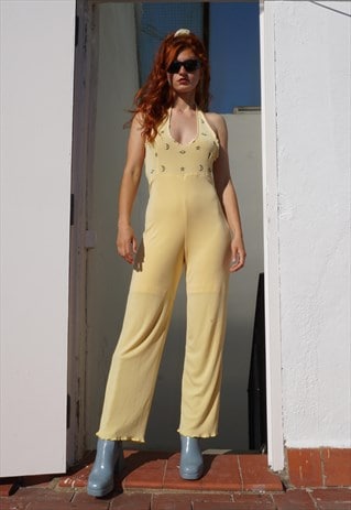 VINTAGE 80'S OVERALL DUNGAREES JUMPSUIT COSMIC MOTIF PASTEL 