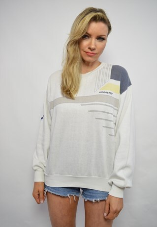 VINTAGE 90S ADIDAS WHITE CREW NECK SWEATSHIRT RETRO PREPPY