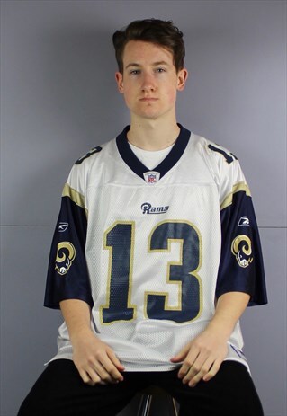 VINTAGE REEBOK NFL RAMS JERSEY IN WHITE WITH PRINTING AND EM