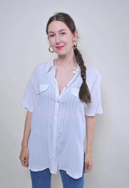 Vintage white striped blouse, short sleeve summer shirt