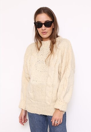 VINTAGE 80S CREAM ARAN CABLE WOOL KNIT JUMPER