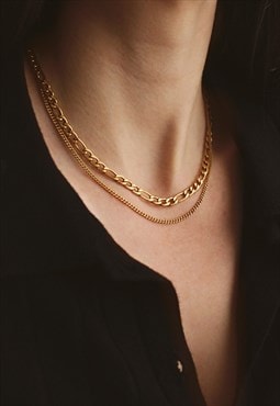 18k Gold Plated Figaro Chain Layered Necklace
