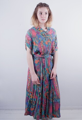 VINTAGE 80'S BUTTON DOWN PATTERNED MIDI DRESS