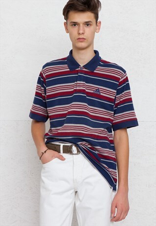 90S VINTAGE RED BLUE ADIDAS SHORT SLEEVE STRIPED POLO SHIRT