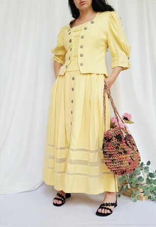 90S VINTAGE PASTEL YELLOW COUNTRY MILKMAID SKIRT BLOUSE SET