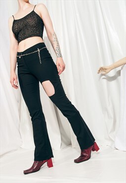 Reworked Flare Trousers Y2K Vintage Cut-out Black Pants
