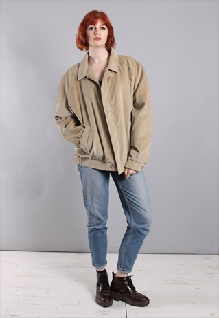 VINTAGE 80S BEIGE CORD OVERSIZE QUILTED BOMBER JACKET