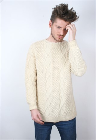VINTAGE CHUNKY KNIT BEIGE ARAN WOOLLEN JUMPER