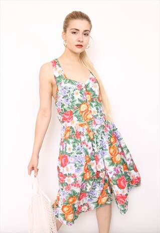 VINTAGE 80S MULTICOLOURED FLORAL PRINT BUTTON MIDI DRESS