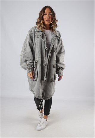 DENIM JACKET LINED LONG OVERSIZED LONGLINE UK 16 (HK7N)
