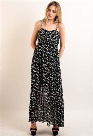 CHIFFON PLEATED BUST & LEAVES PRINT MAXI DRESS (BLUE)