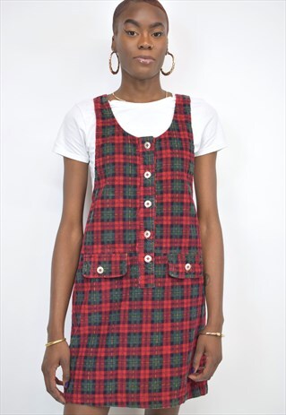 VINTAGE 90S RED TARTAN CORDUROY BUTTONDRESS