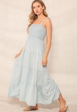 denim blue bandeau tiered maxi dress