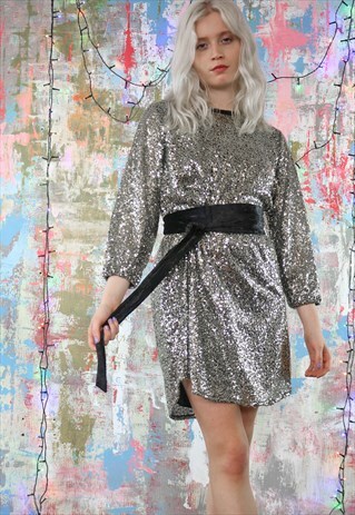 SILVERY TINY SEQUIN SHIFT DRESS