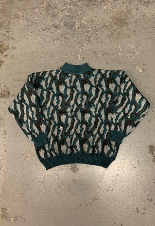 VINTAGE ABSTRACT KNITTED JUMPER FUNKY PATTERNED GRANDAD KNIT