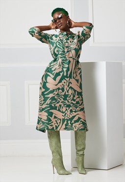 Sacaba Green Plisse Premium Loose High Neck French Dress