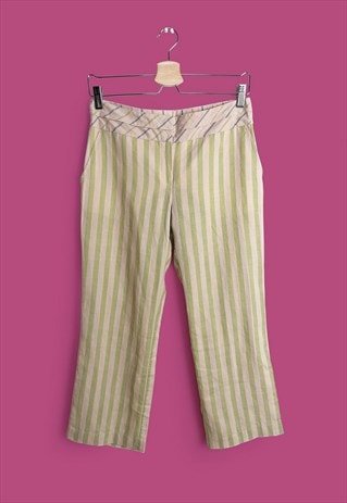 VINTAGE 90'S STRIPED 3/4 FLARED LINEN BEIGE CAPRI PANTS 