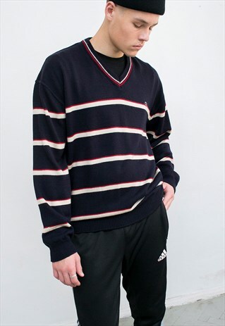 VINTAGE LACOSTE STRIPED SWEATER BLACK V NECK WHITE STRIPES