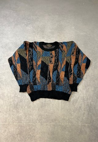 VINTAGE KNITTED JUMPER ABSTRACT PATTERNED GRANDAD SWEATER