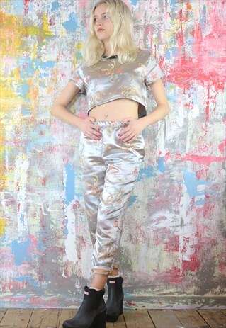 TROUSERS IN SILVER CHINESE DRAGON SATIN