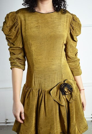 VINTAGE 80S RETRO PUFF SLEEV DRAPED MIDI EVENING DRESS