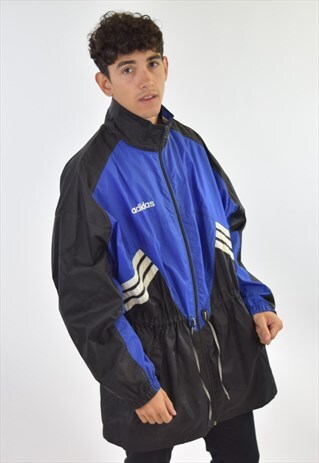 VINTAGE 90S BLUE BLACK ADIDAS LONG TRACK TOP RAIN COAT