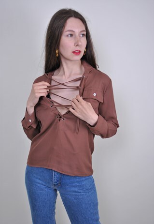 90S BROWN LACE BLOUSE, DEEP DECOLLETE SUMMER SHIRT