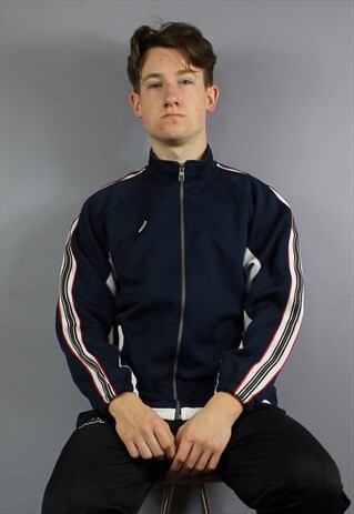 VINTAGE ASICS TRACK JACKET IN NAVY WITH EMBROIDERED LOGO AND
