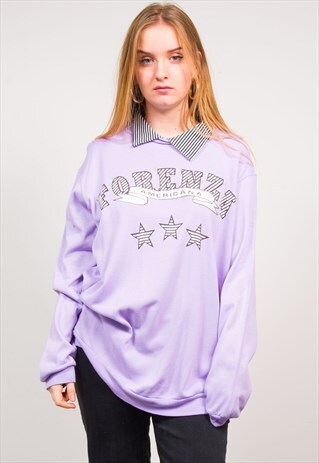 VINTAGE 90'S PURPLE STRIPED COLLAR FORENZA PRINT SWEATSHIRT