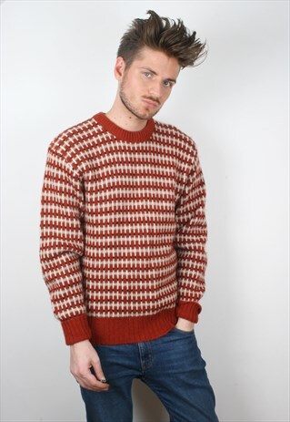 VINTAGE BURNT ORANGE PATTERNED WOOLLEN JUMPER