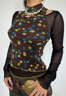 Vintage Y2k Top Mesh Layered Patterned 2000s Long Sleeves