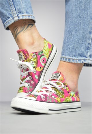90S CONVERSE PINK & COLOURFUL SKULL & FEATHER PRINT OX SHOES